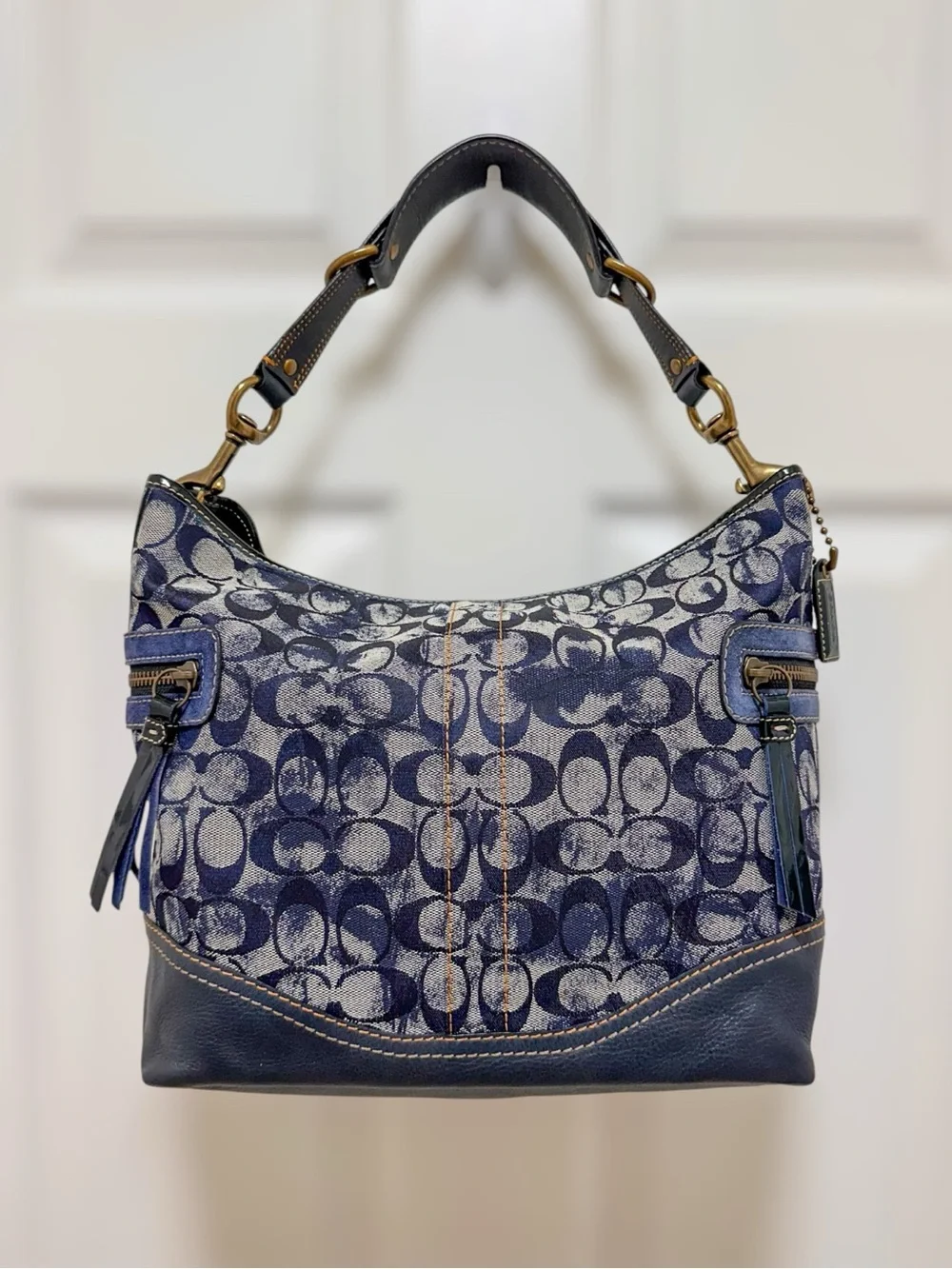 Coach Signature Jacquard Navy Indigo Leather Hobo Shoulder Bag Y2K